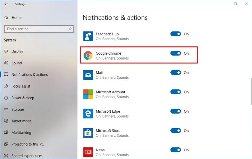 Windows notification settings with Google Chrome notifications toggled on and highlighted