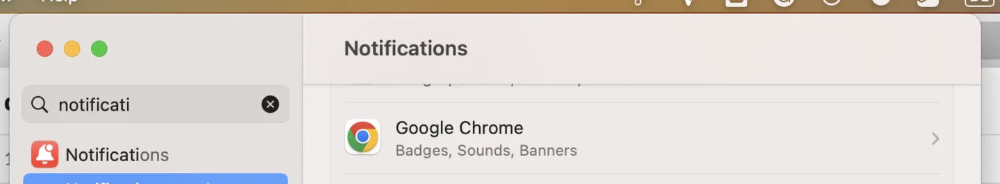 macOS System Preferences search results for notifications showing the Google Chrome entry