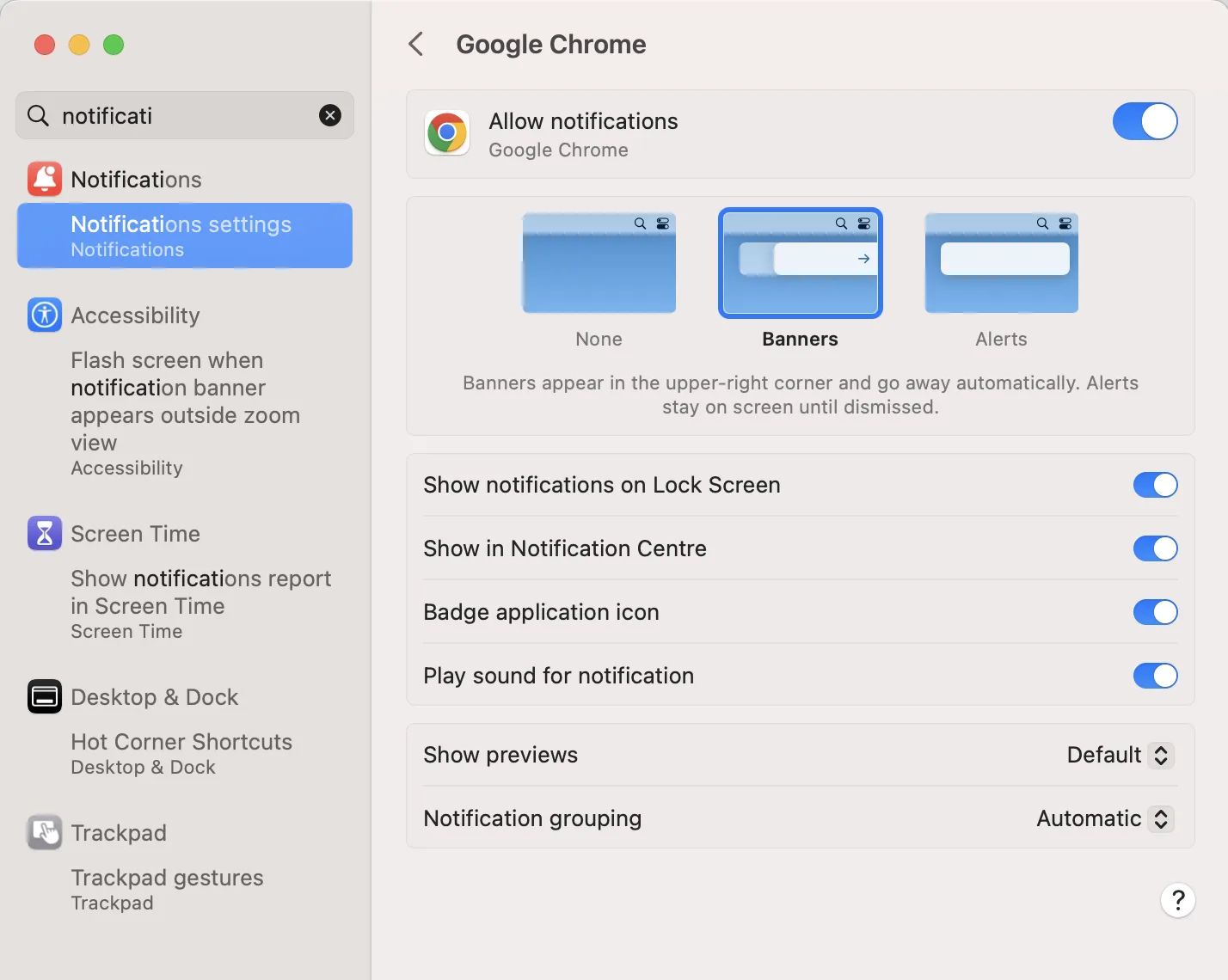 macOS notification settings for Google Chrome with Allow notifications on and Banners style selected