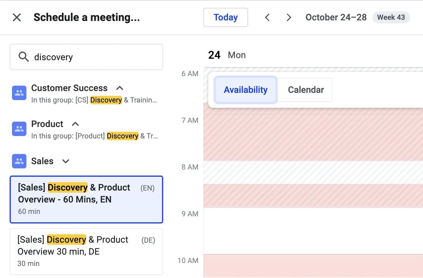 Schedule a meeting dialog with the meeting type search filtered to discovery and a 60-minute type selected