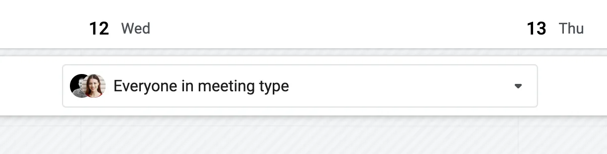 Scheduler calendar header with the team member dropdown set to everyone in meeting type