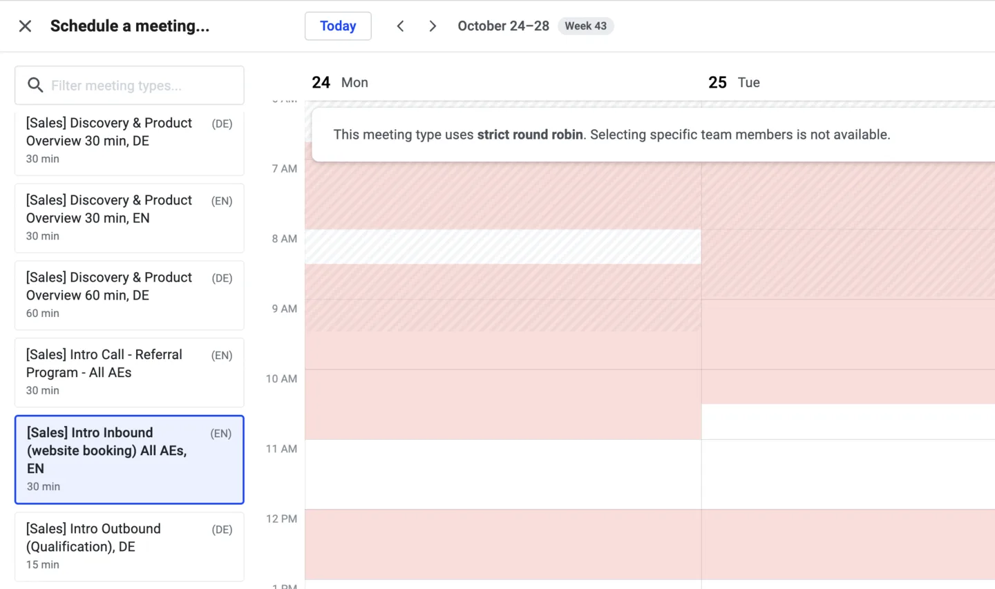 Meeting type selected that uses strict round robin, with a banner noting specific members cannot be chosen