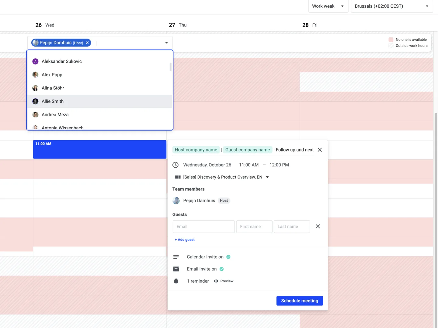 Scheduling panel with the host dropdown open and the booking details card showing date, team and guest fields