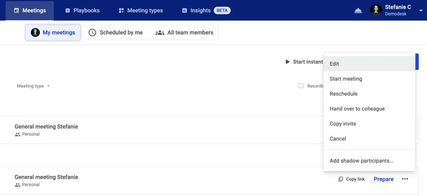 Meeting list with the three-dot menu open, showing Edit, Reschedule, Hand over to colleague and Cancel