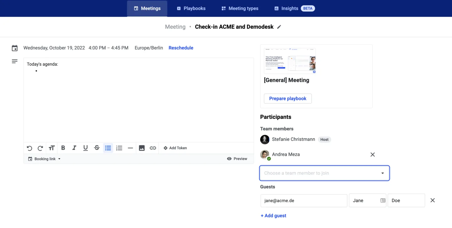 Meeting detail page for a check-in meeting showing the agenda editor and participant list