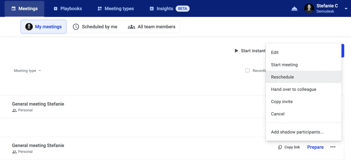 Meeting list context menu with the Reschedule option highlighted