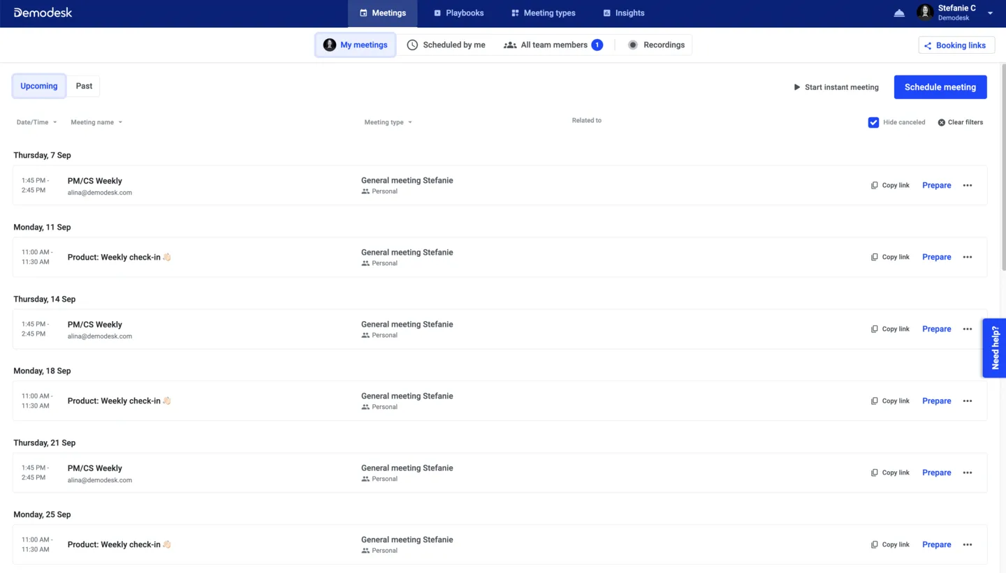 Meetings dashboard on the My meetings tab showing a filtered list of upcoming meetings