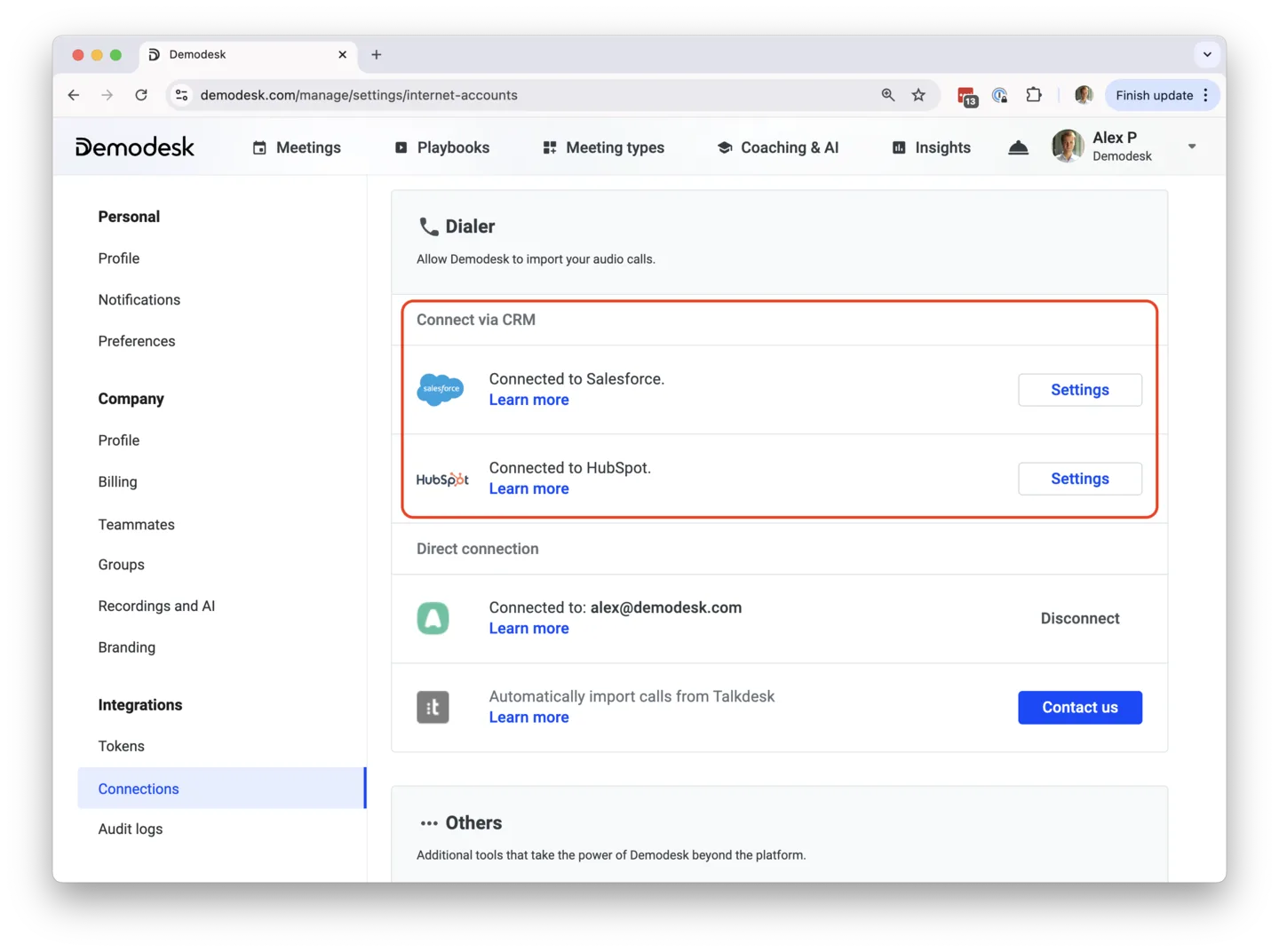 Integration settings Dialer section with Salesforce and HubSpot connected under Connect via CRM