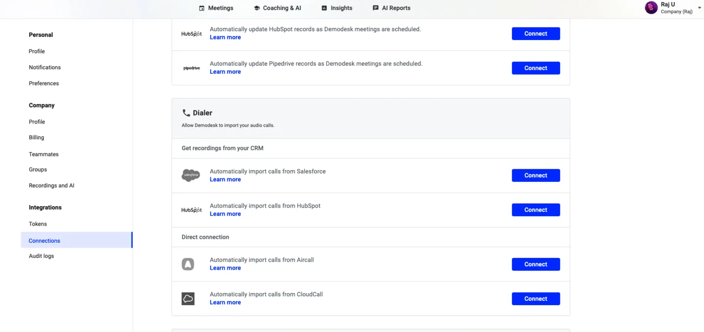 Dialer settings listing Connect buttons for Salesforce, HubSpot, Aircall and CloudTalk