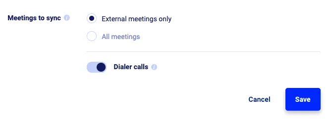 Meetings to sync settings with External meetings only selected and the Dialer calls toggle enabled