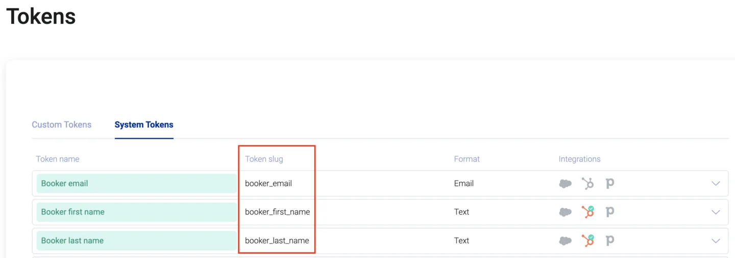 System tokens list with the token slug column highlighted, showing booker email and name tokens