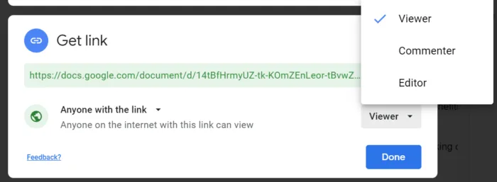 Google Drive sharing dialog with link access set to Viewer and the permission dropdown open