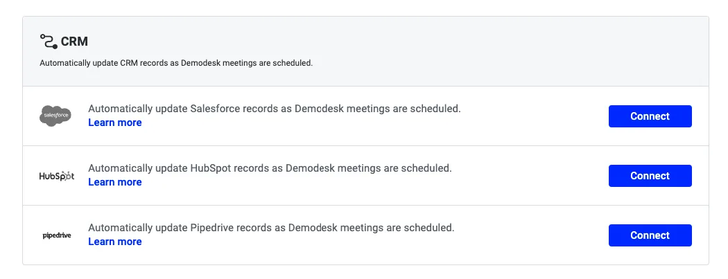 CRM integration list showing Connect buttons for Salesforce, HubSpot, and Pipedrive