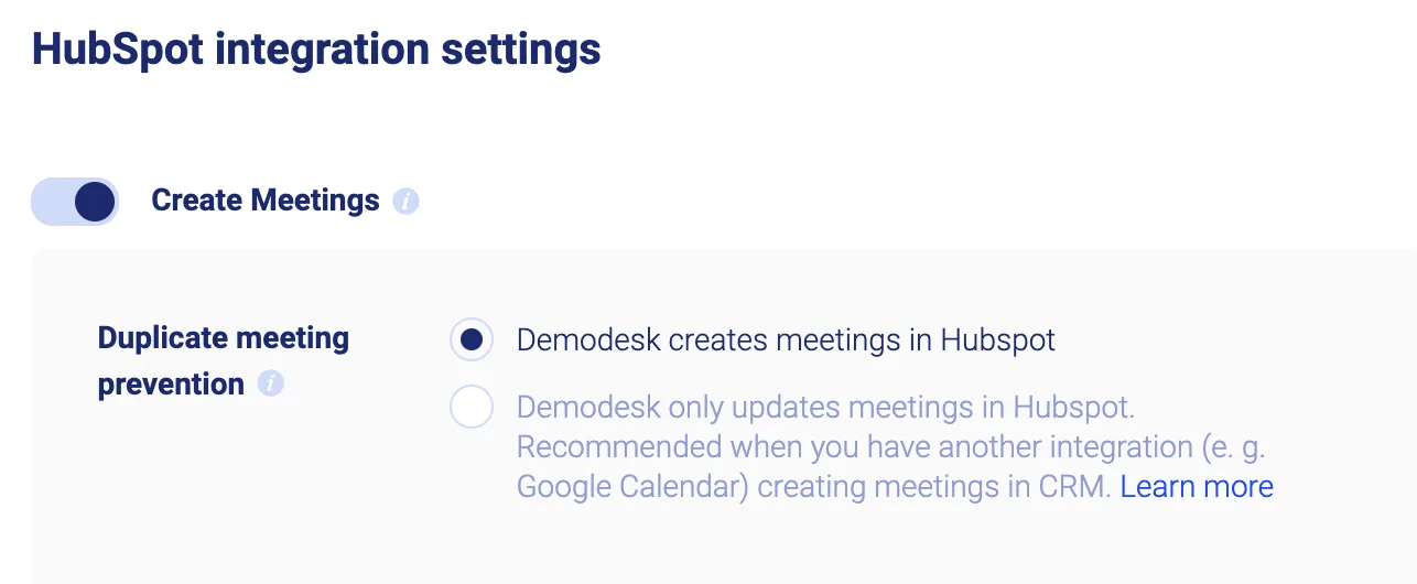 HubSpot integration settings with Create Meetings on and Demodesk creates meetings in Hubspot selected