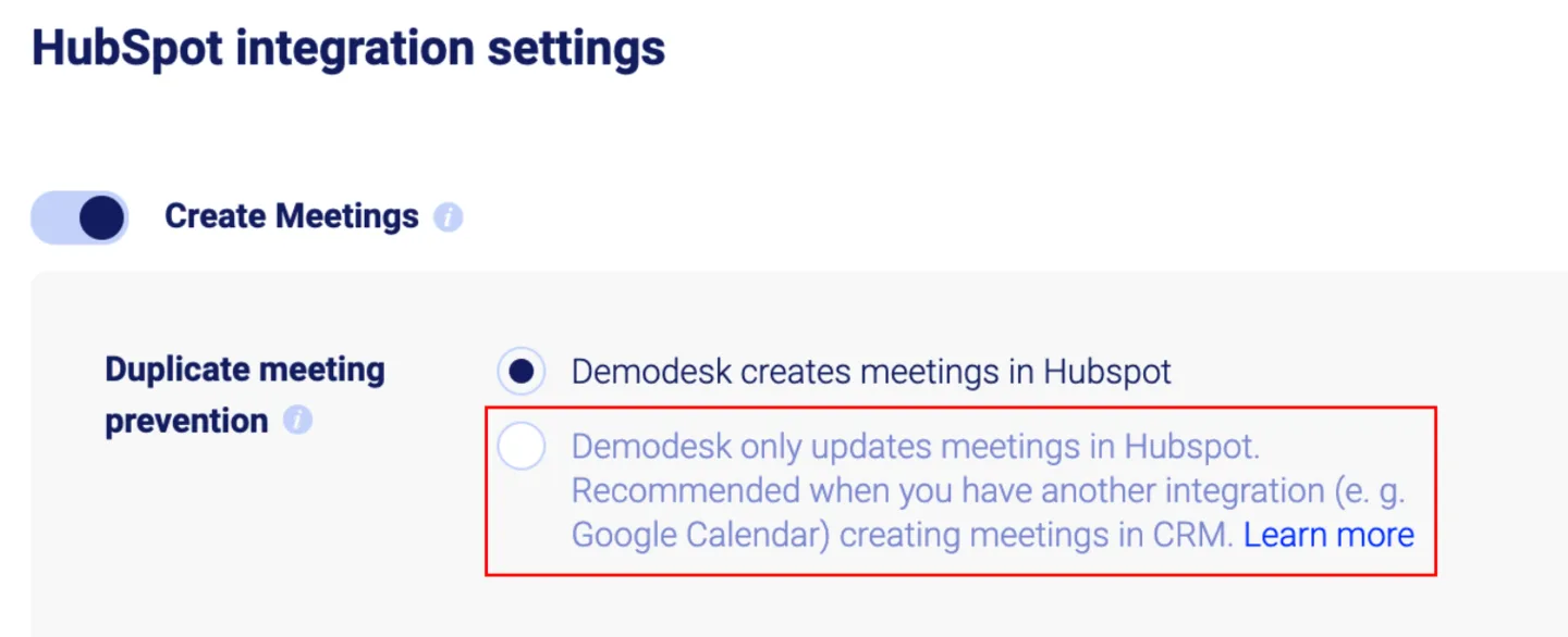 HubSpot settings with the Demodesk only updates meetings option highlighted for use with another integration