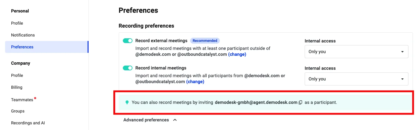 Recording preferences page highlighting the company's dedicated notetaker email address