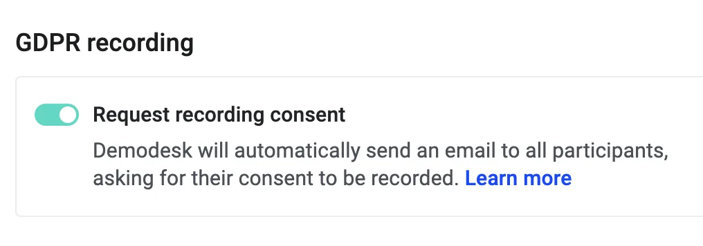 Company recording settings with the GDPR Recording consent toggle switched on