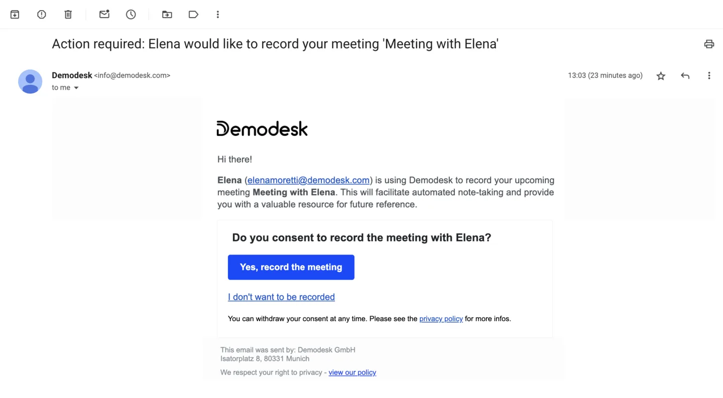 Sample consent email asking a participant to approve or decline having the meeting recorded