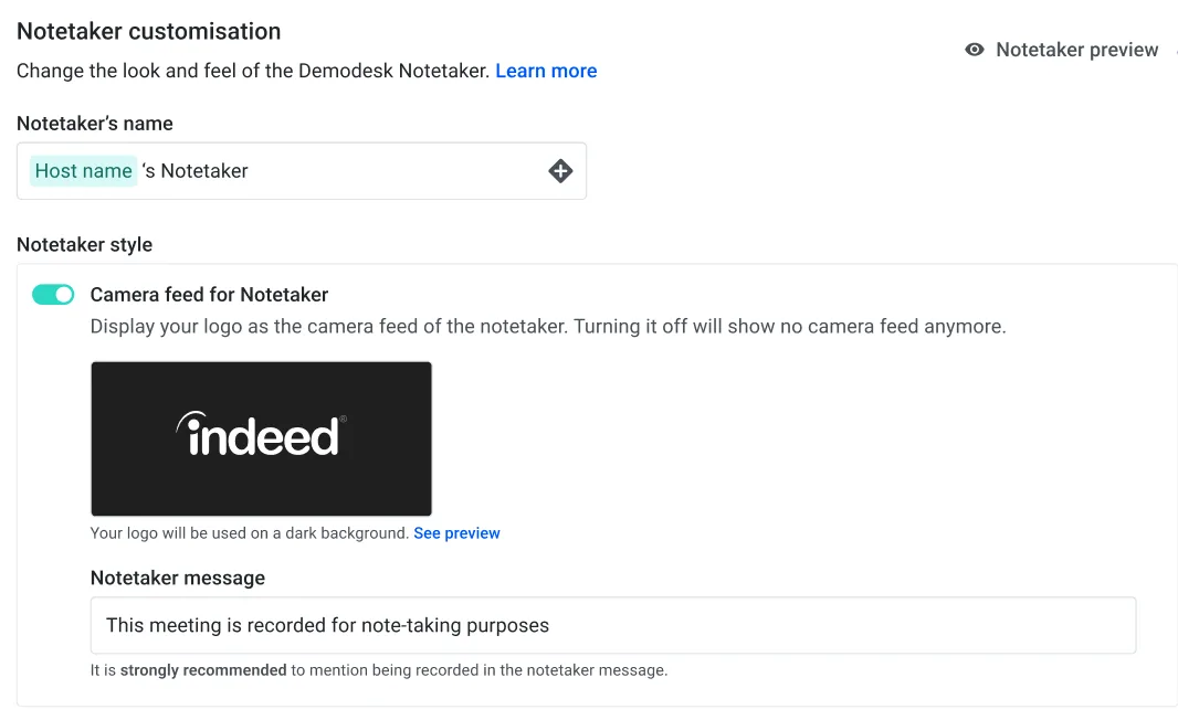 Notetaker customisation panel with custom name, logo camera feed, and recording message