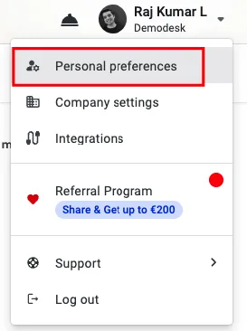 Account menu with the Personal preferences option highlighted