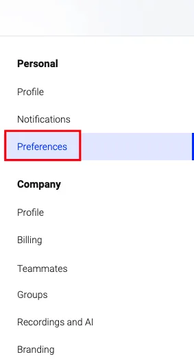 Settings sidebar with the Preferences item highlighted under Personal