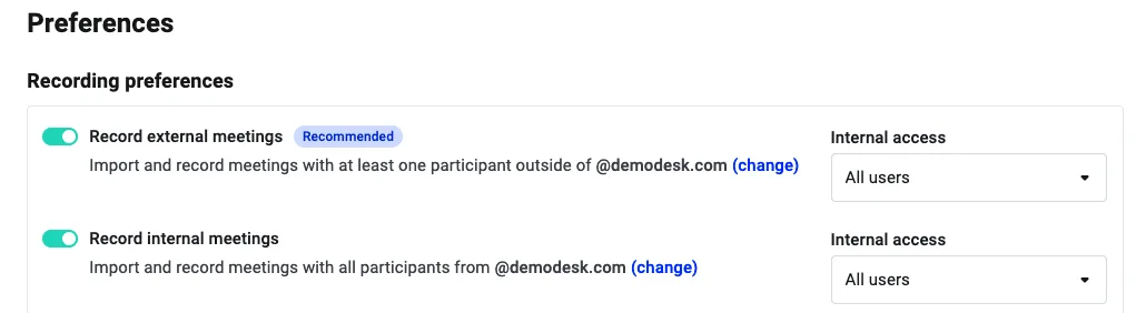 Recording preferences with Record external and Record internal meetings both enabled