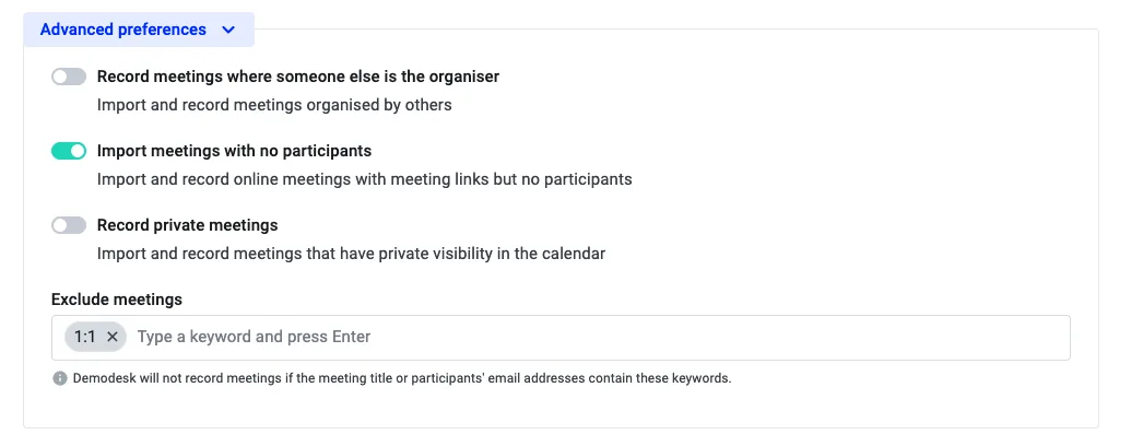 Advanced recording preferences with the Exclude meetings field set to skip meetings tagged 1
