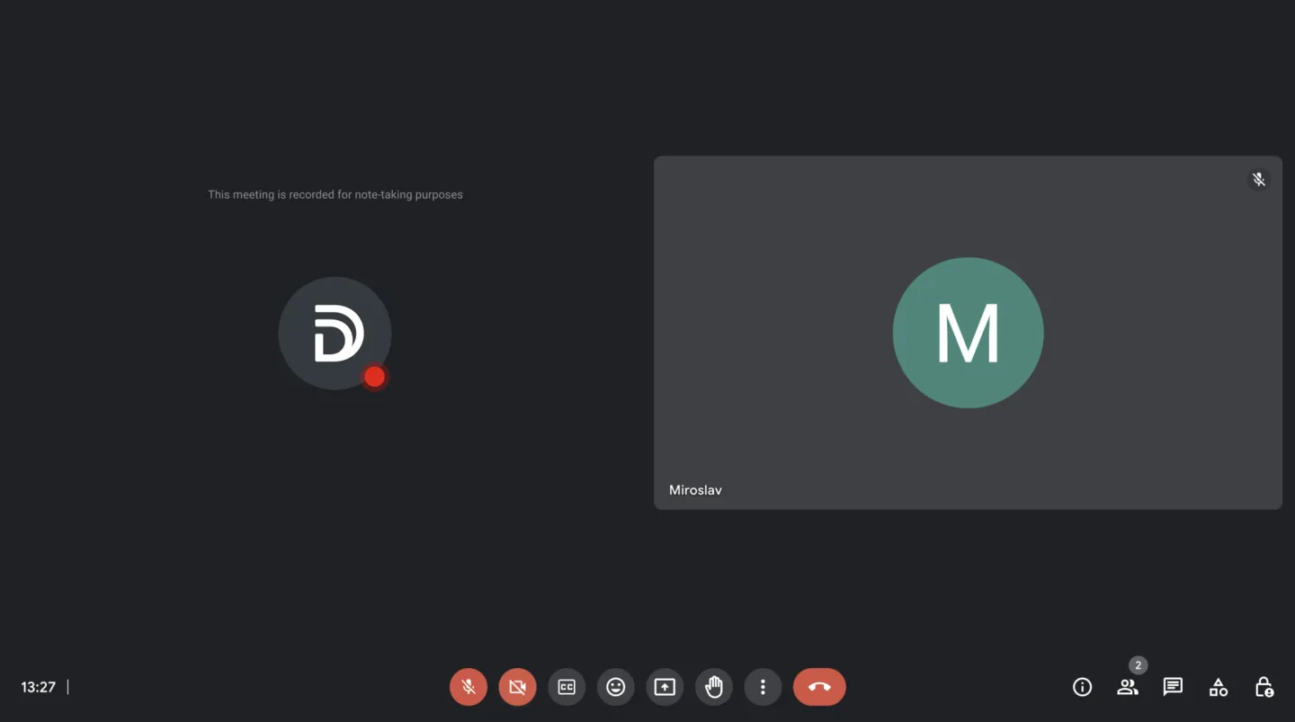 Demodesk Notetaker's tile in a Google Meet call showing the recording notice and red dot