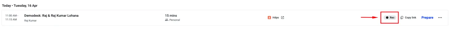 Meetings list showing the recording toggle now active with a red Rec indicator