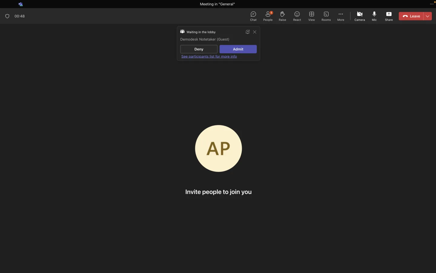 Microsoft Teams lobby prompt to admit the Demodesk Notetaker guest, with Admit highlighted