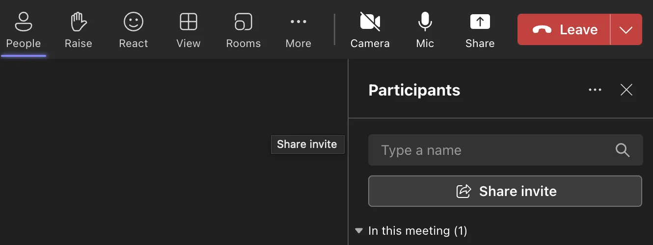 Microsoft Teams participants panel with the Share invite button highlighted