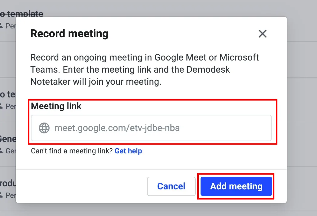 Record meeting dialog with a pasted meeting link and the Add meeting button highlighted