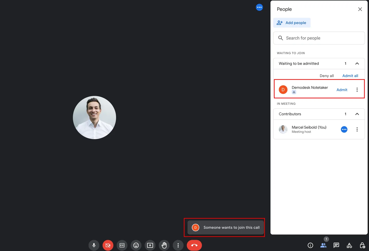Google-Meet-Warteraum: Demodesk Notetaker wartet auf Zulassung, „Zulassen“ ist hervorgehoben