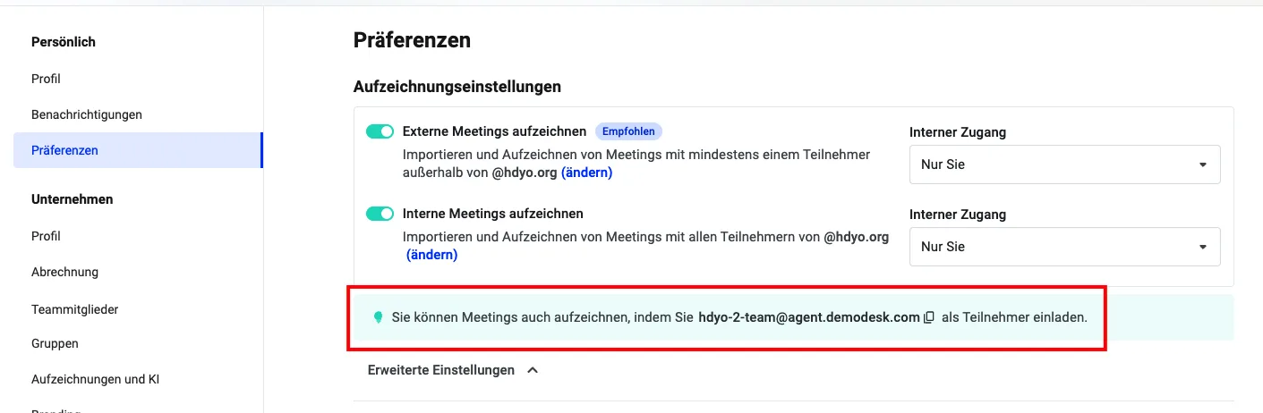 Präferenzen-Einstellungen mit hervorgehobener dedizierter E-Mail-Adresse zum Einladen des Notetakers