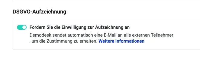 Einstellung „DSGVO-Aufzeichnung“ mit aktiviertem Schalter für die Einwilligungsanfrage