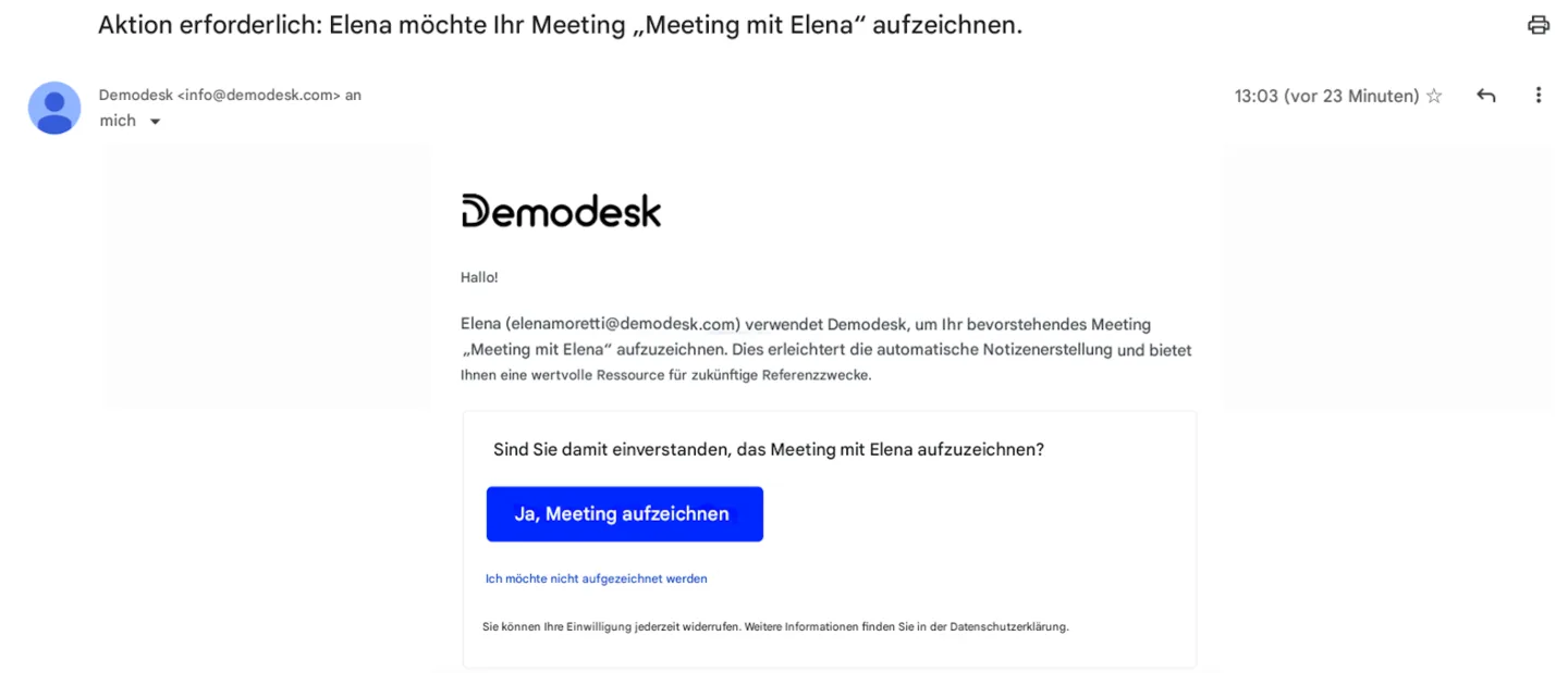 E-Mail-Benachrichtigung an Teilnehmende mit Bitte um Zustimmung zur Meeting-Aufzeichnung