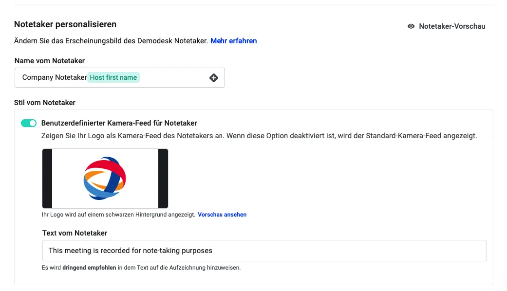 Einstellungen „Notetaker personalisieren“ mit Namensfeld, Logo-Vorschau und Aufzeichnungstext