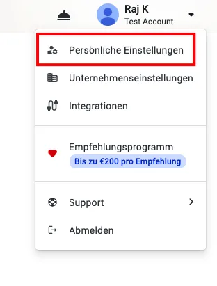 Profil-Dropdown-Menü mit hervorgehobener Option „Persönliche Einstellungen“