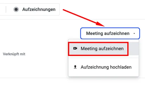 Demodesk-Dashboard: Dropdown-Menü „Meeting aufzeichnen“ mit der Option „Meeting aufzeichnen“ hervorgehoben