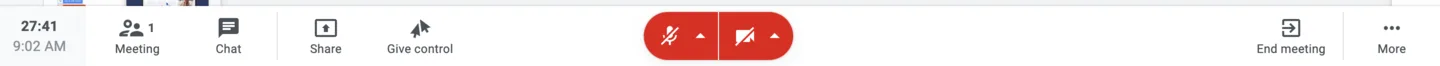 In-meeting control bar with timer, meeting, chat, share, give control and end meeting buttons