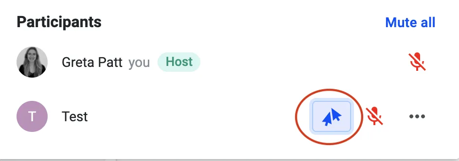 Give control icon highlighted next to a participant in the meeting panel