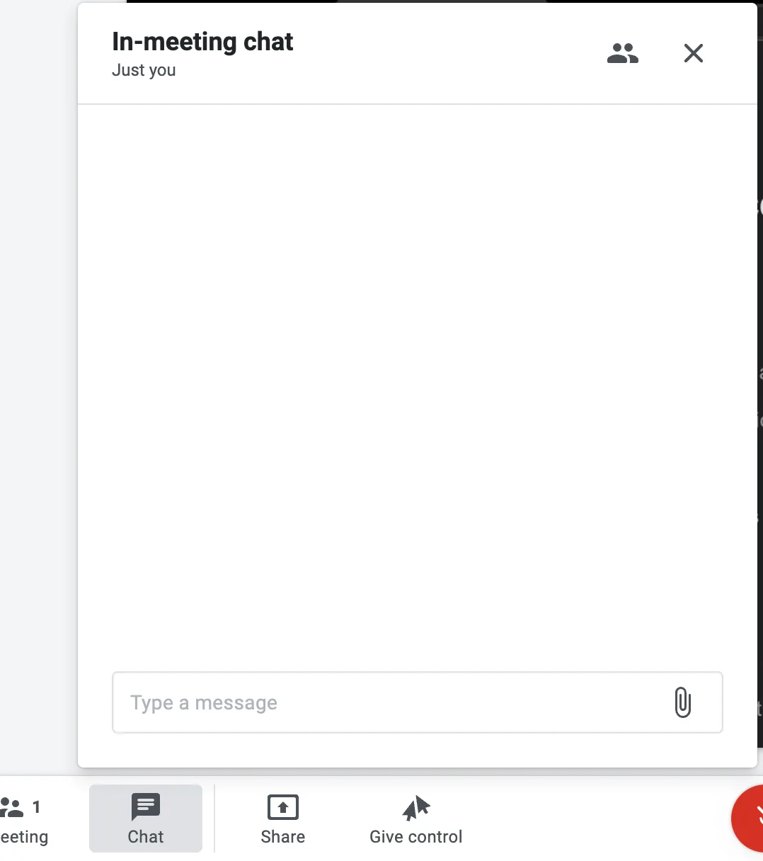 In-meeting chat panel open with an empty message box
