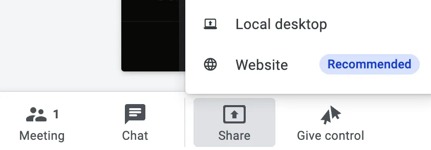 Share menu showing local desktop and website options, with website marked as recommended