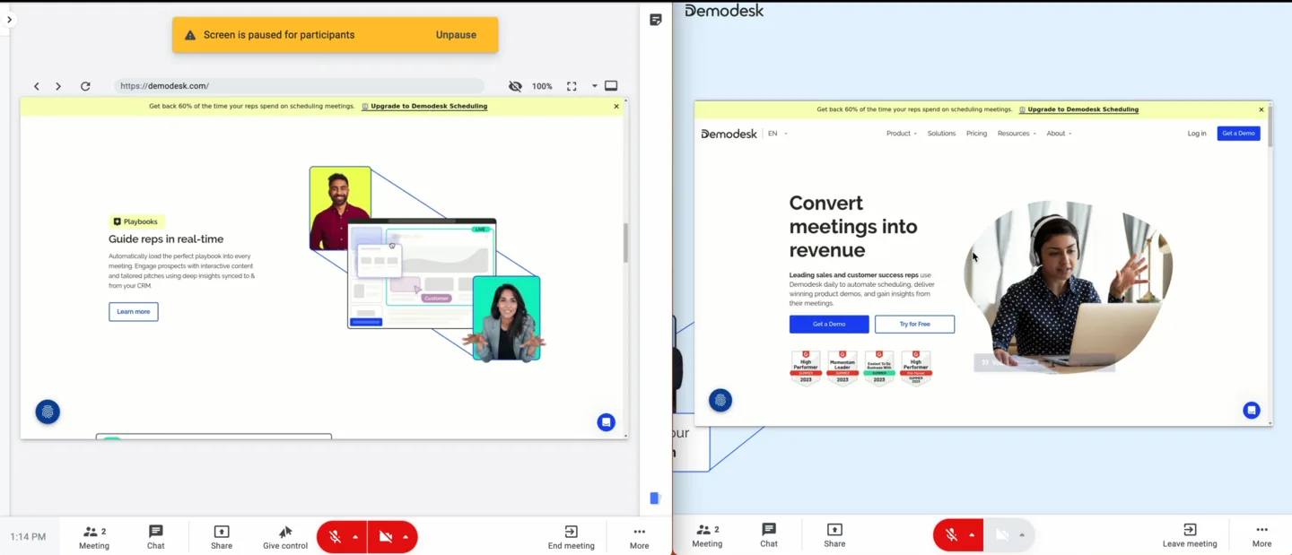 Shared screen paused for participants, with a banner and Unpause button on the host's side