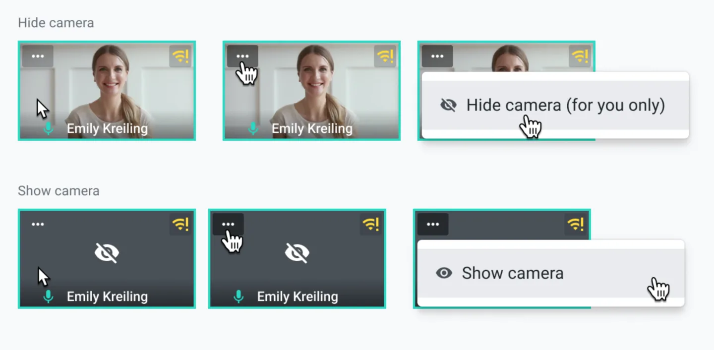Steps to hide and show your own camera using the three-dot menu on your video tile