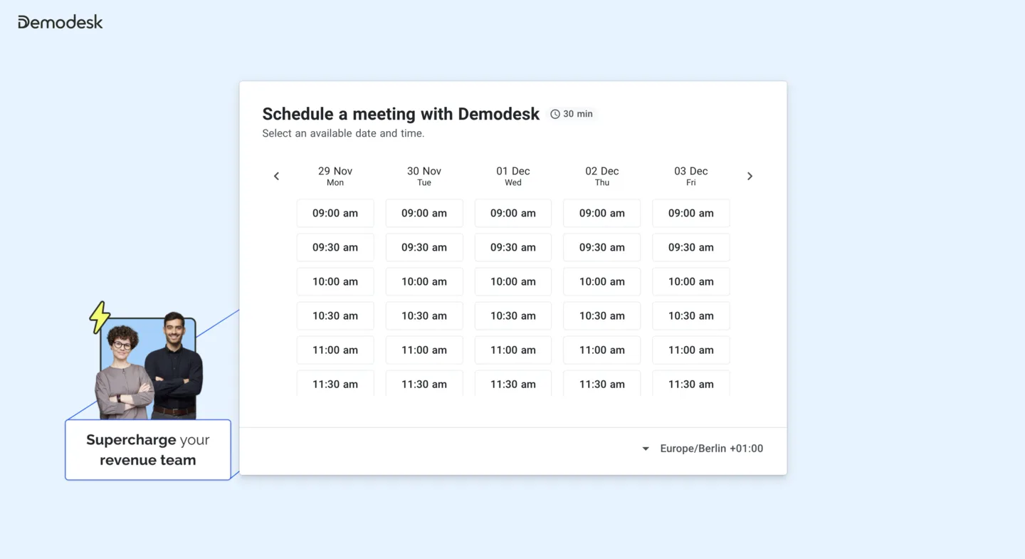Whitelabeled custom booking page showing available meeting time slots across several days