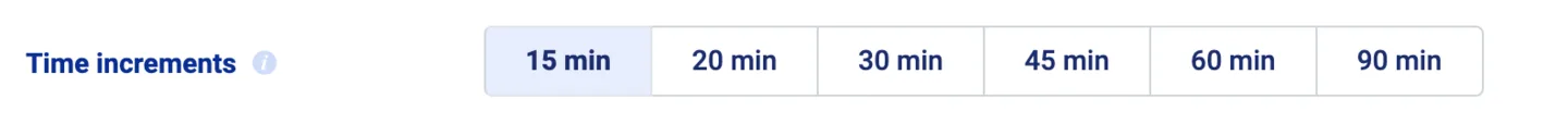 Time increments selector with 15 minutes selected among options up to 90 minutes