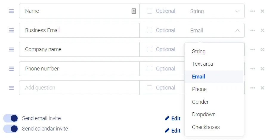 Booking questions editor with Name, Business Email and Company name fields, and the field type dropdown open