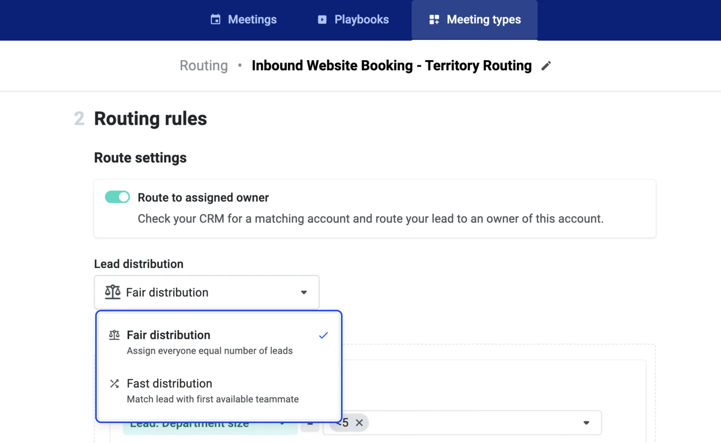 Routing rules Lead distribution dropdown with Fair distribution and Fast distribution options