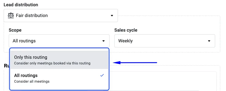 Fair distribution Scope dropdown with All routings selected over Only this routing